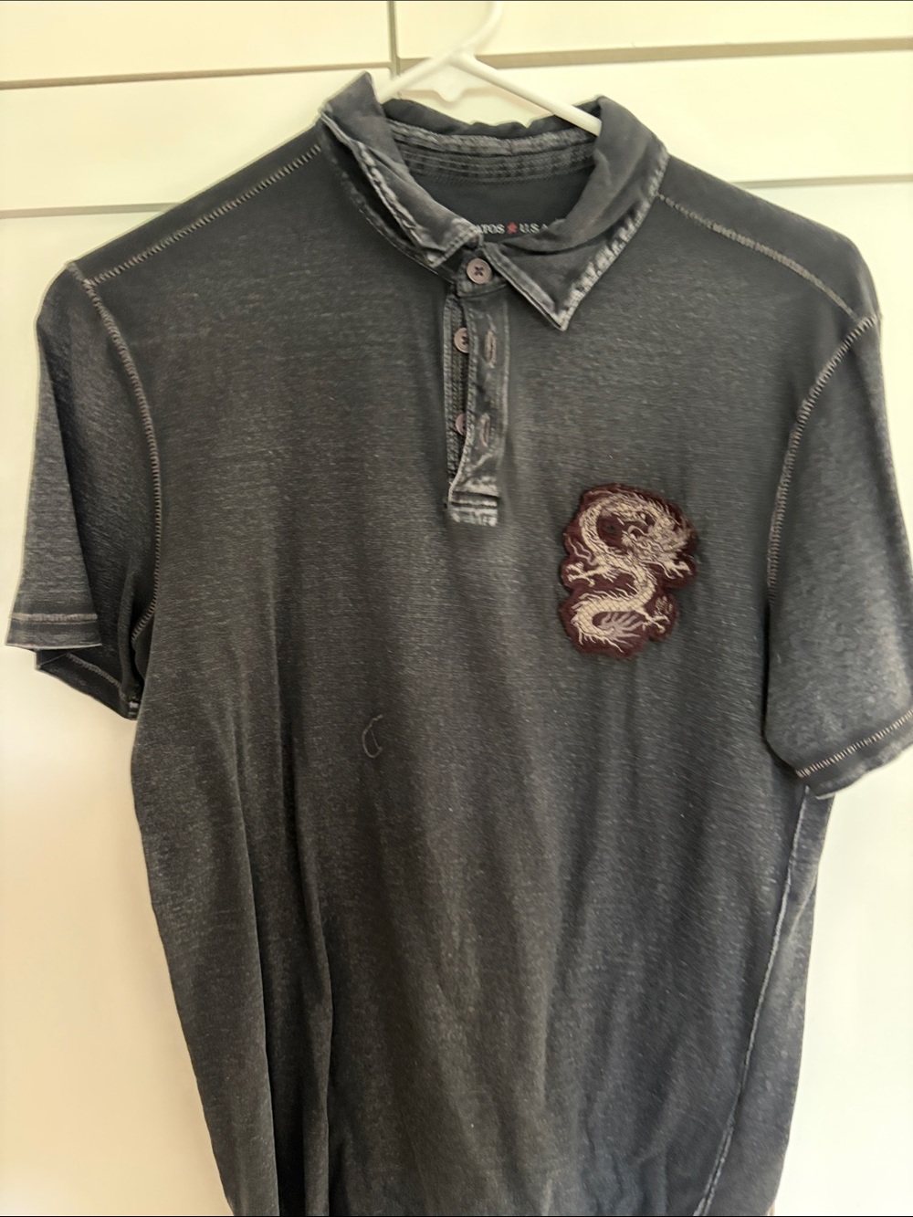 John Varvatos Washed Black Polo with Dragon Patch